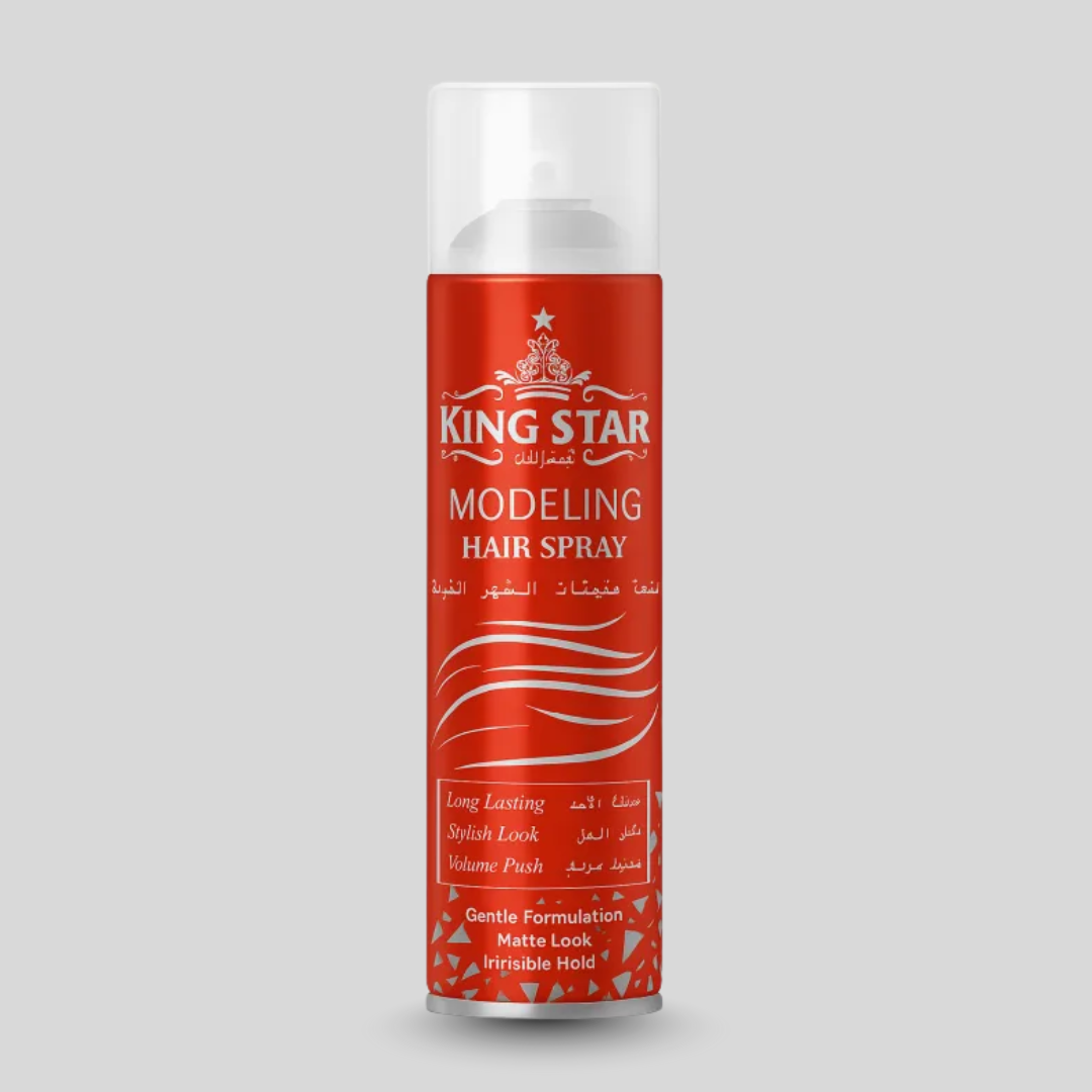 Red can of King Star Modeling Hair Spray on a gray background