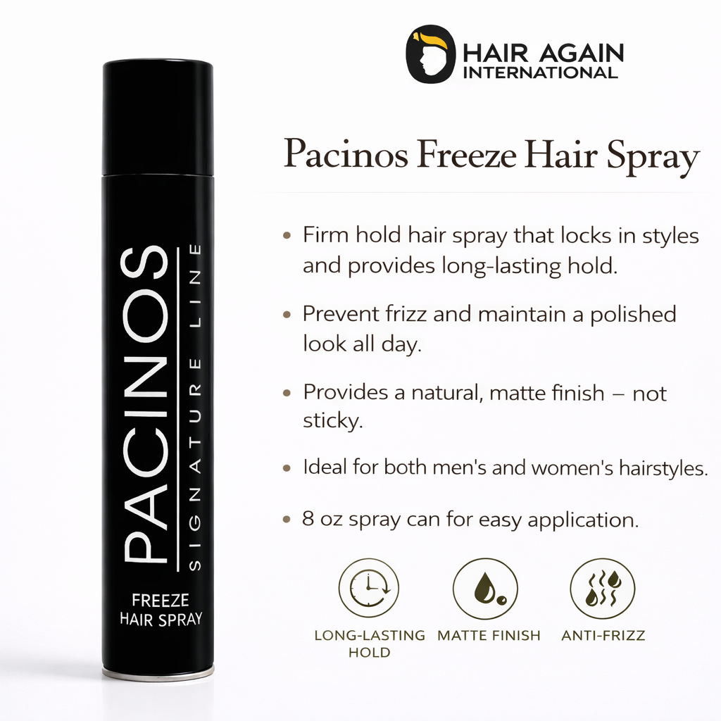 Pacinos Freeze Hair Spray can with product details on a white background