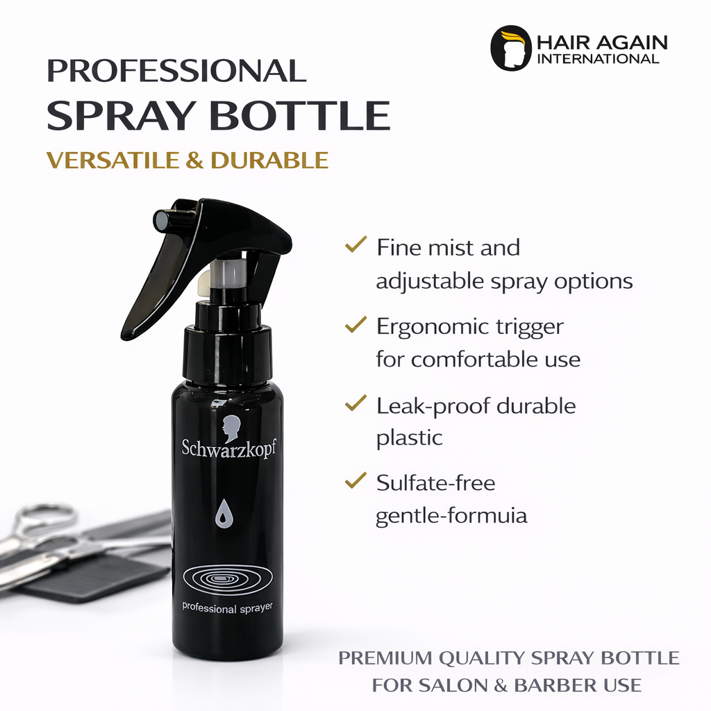 Black spray bottle with features listed on a white background, featuring the brand 'Hair Again International'.
