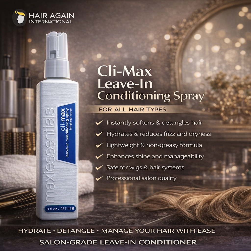 Max Essential Cli-Max Leave-In Conditioning Spray bottle with product features on a blurred background