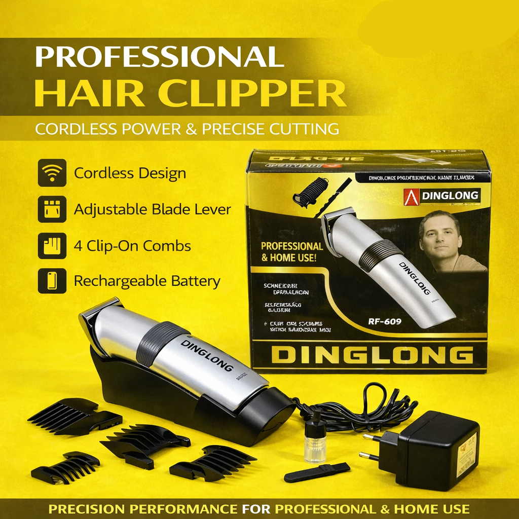 Dinglong professional hair clipper set with packaging on a yellow background