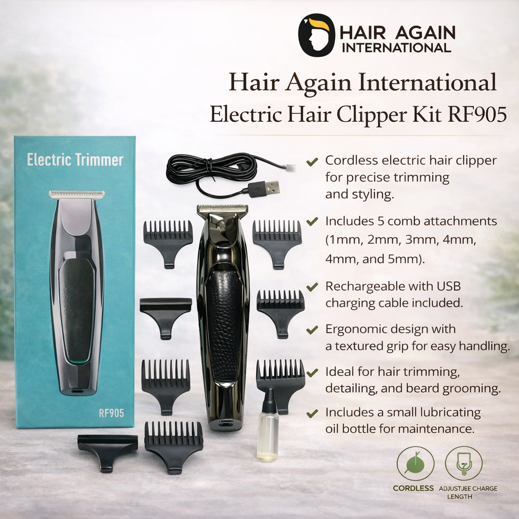 Hair Again International Electric Hair Clipper Kit RF905 with packaging and accessories on a light background