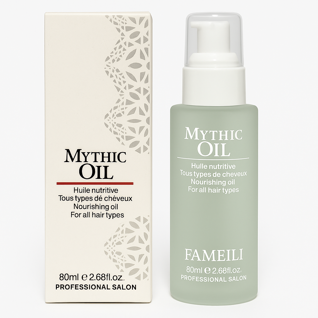 Fameili Mythic Oil bottle and packaging on a white background