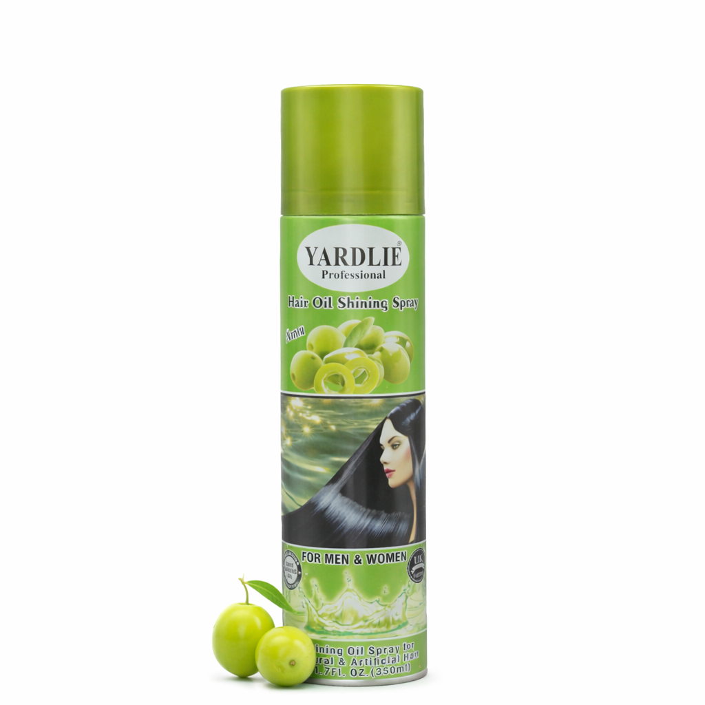 Yardlie hair oil shining spray can with green label and apple graphics on a white background