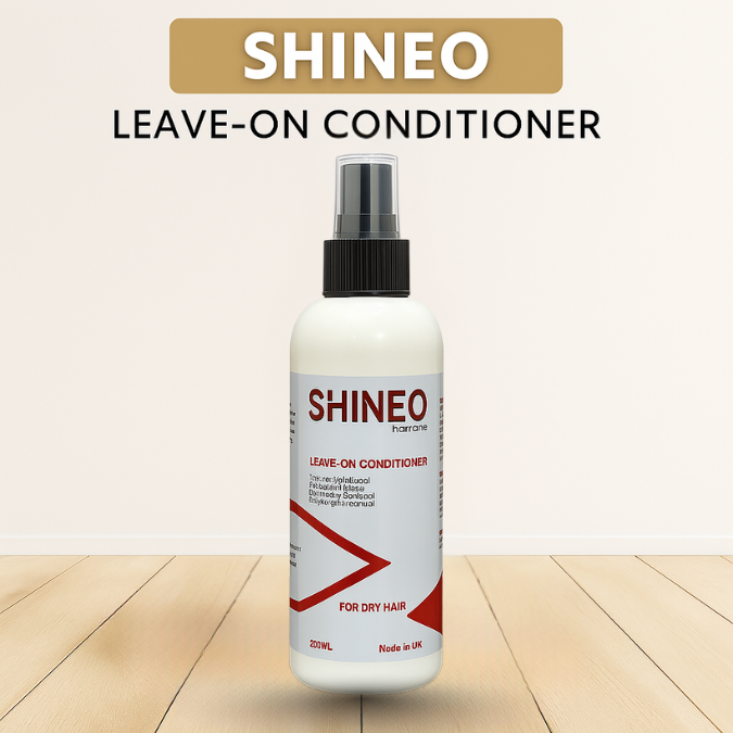 SHINEO leave-on conditioner bottle on a wooden surface with a white background