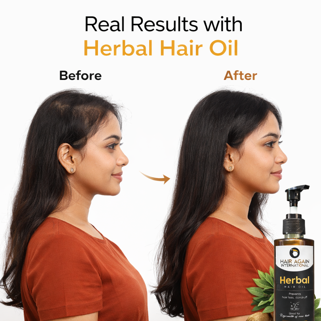Before and after comparison of hair growth using herbal hair oil with a bottle of the product displayed.