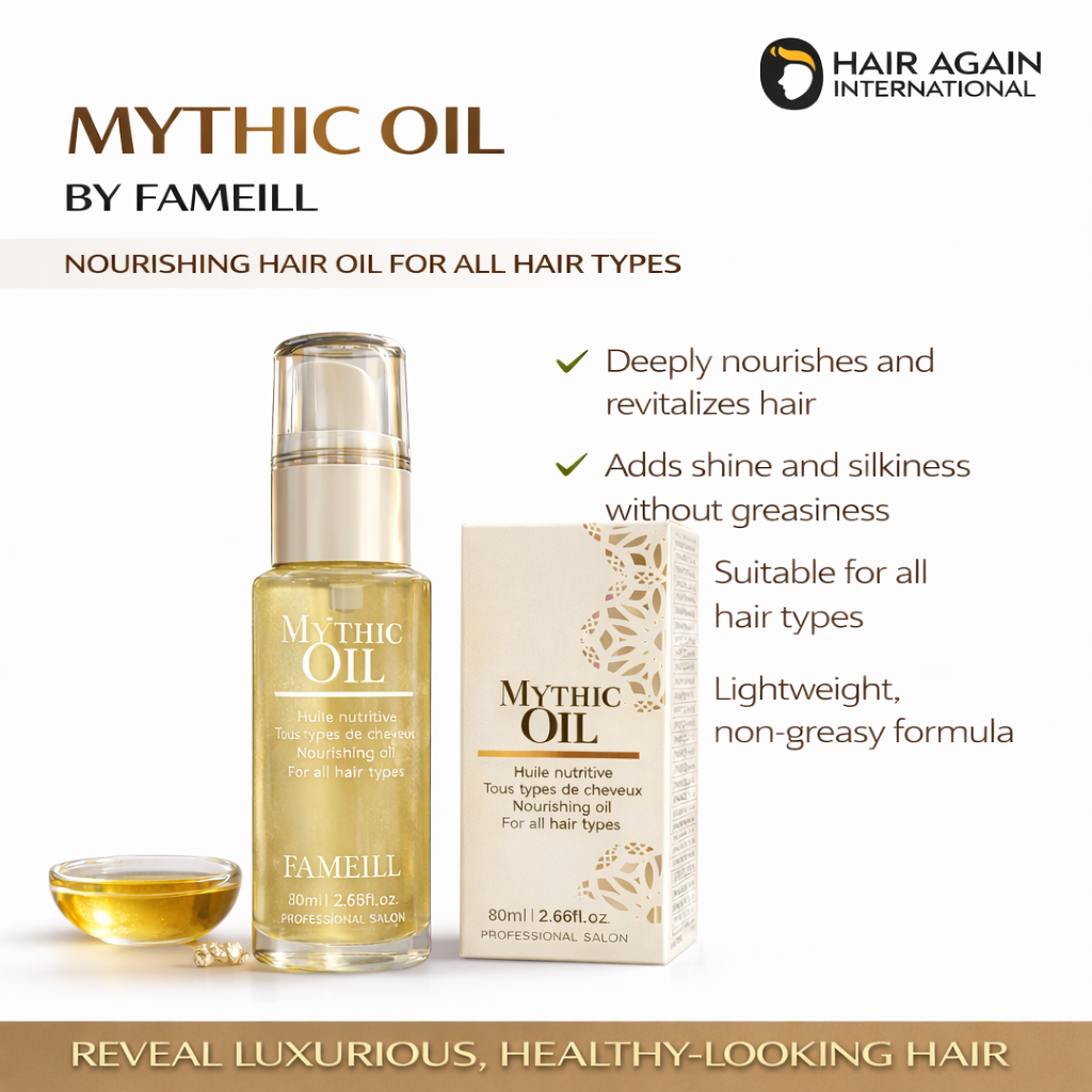 Mythic Oil by Fameill hair oil with bottle, box, and dropper on a white background.