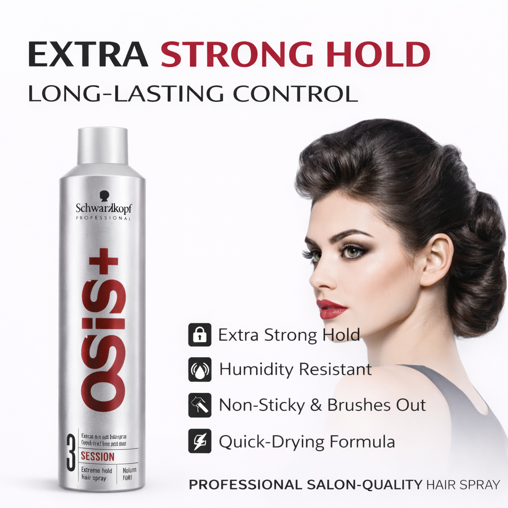 OSIS+ hair spray bottle with a woman styled hair and product features on a white background