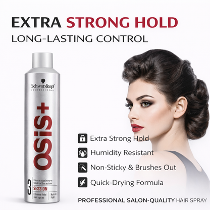 OSIS+ hair spray bottle with a woman styled hair and product features on a white background