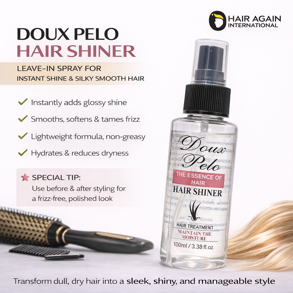 Doux Pelo Hair Shiner spray bottle with hairbrush and hair strands on a white background