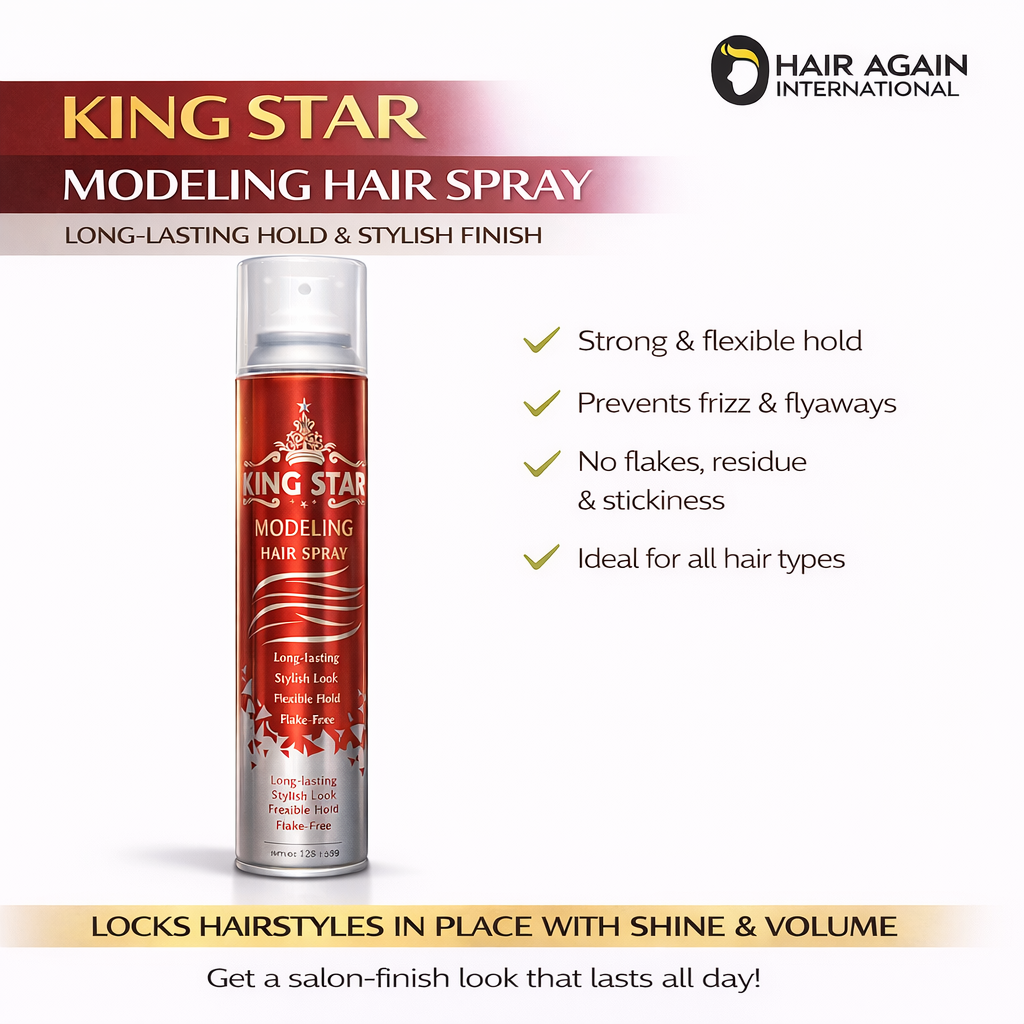 King Star modeling hair spray can with product features listed on a white background
