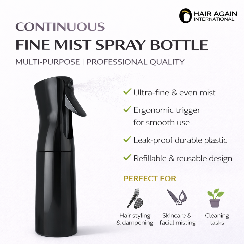 Black fine mist spray bottle with features listed on a white background