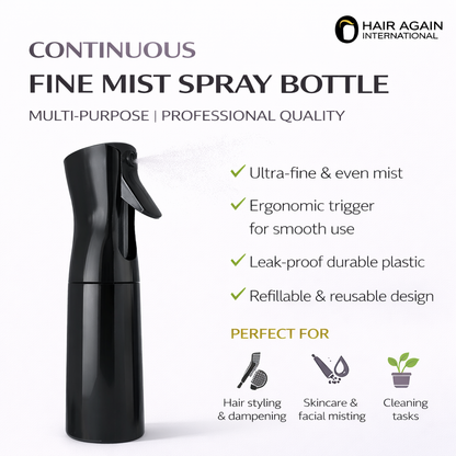 Black fine mist spray bottle with features listed on a white background