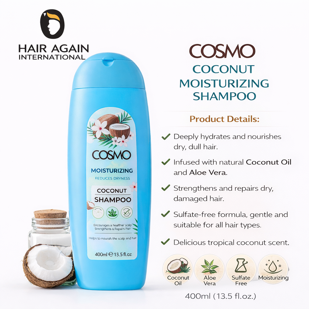 Cosmo Coconut Moisturizing Shampoo bottle with product details on a white background