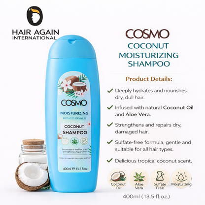 Cosmo Coconut Moisturizing Shampoo bottle with product details on a white background
