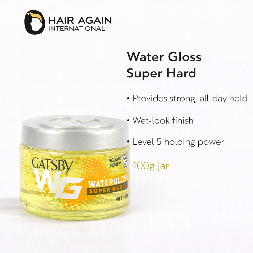 Gatsby Water Gloss Super Hard hair product jar with branding and product details on a white background