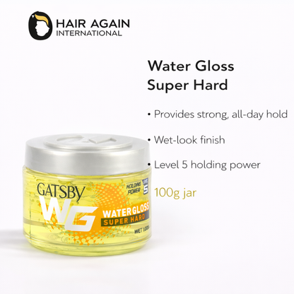 Gatsby Water Gloss Super Hard hair product jar with branding and product details on a white background