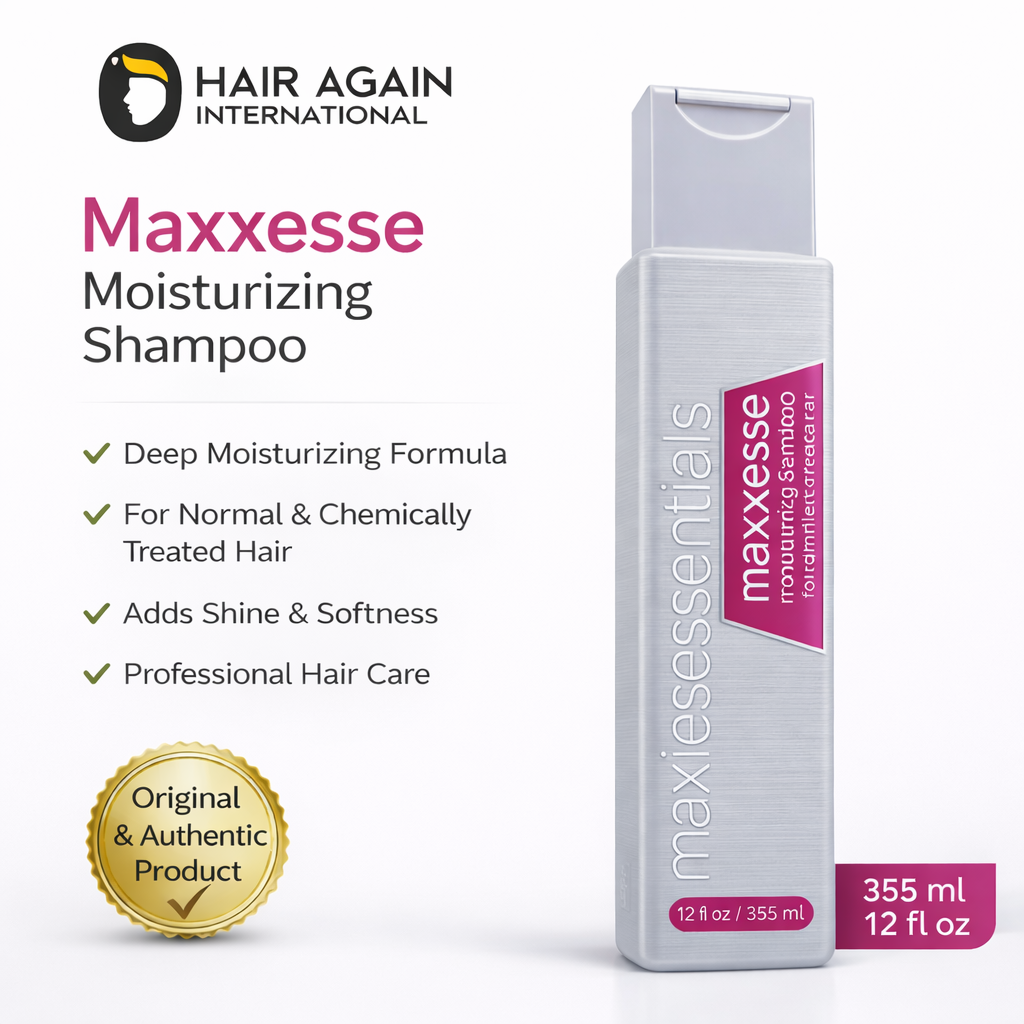 Maxxesesse Moisturizing Shampoo bottle with product details on a white background