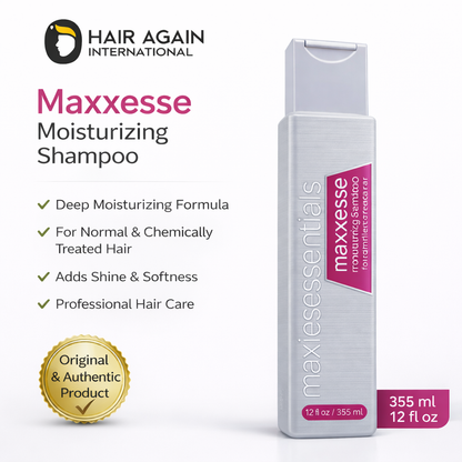 Maxxesesse Moisturizing Shampoo bottle with product details on a white background