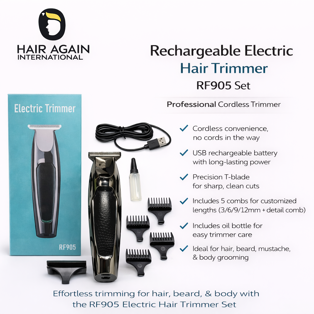 Rechargeable electric hair trimmer set with packaging and accessories on a white background
