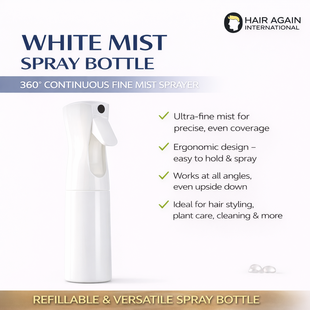 White mist spray bottle with features listed on a white background