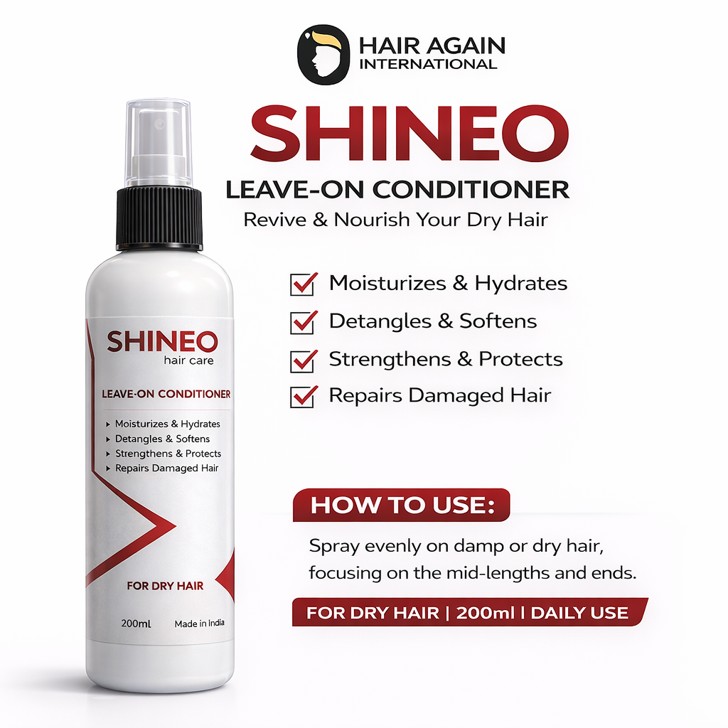 Shineo leave-on conditioner bottle with product details on a white background