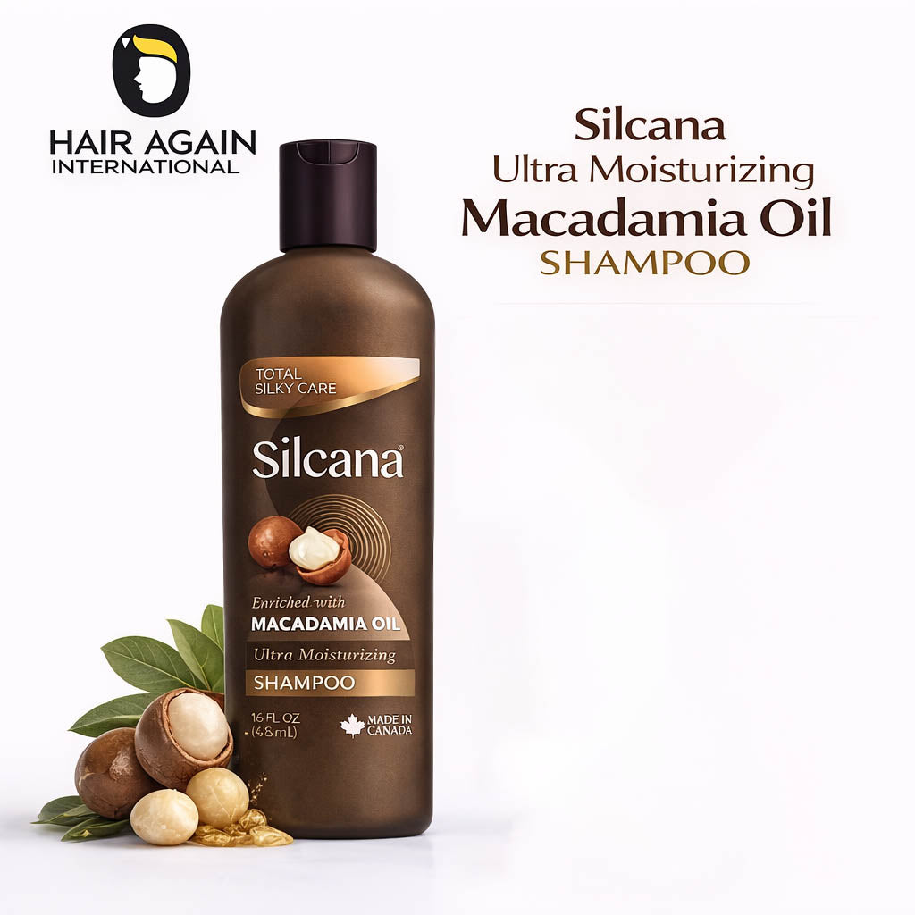 Silcana Ultra Moisturizing Macadamia Oil Shampoo bottle with macadamia nuts and leaves on a white background