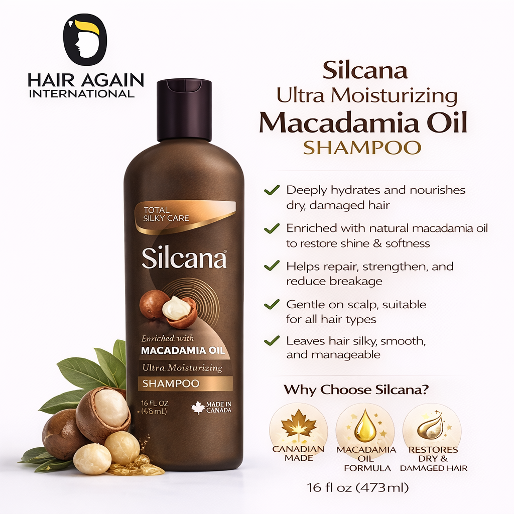 Silcana Ultra Moisturizing Macadamia Oil Shampoo bottle with product details on a white background
