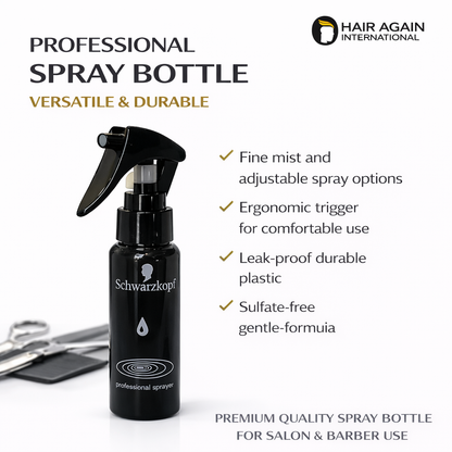 Black spray bottle with features listed on a white background, featuring the brand 'Hair Again International'.