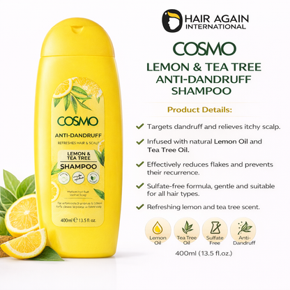 Cosmo Lemon & Tea Tree Anti-Dandruff Shampoo bottle with product details on a white background