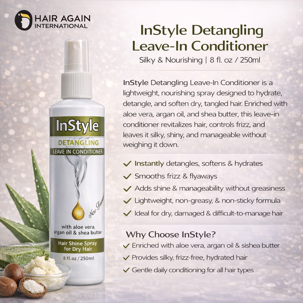InStyle Detangling Leave-In Conditioner bottle with product details on a light background
