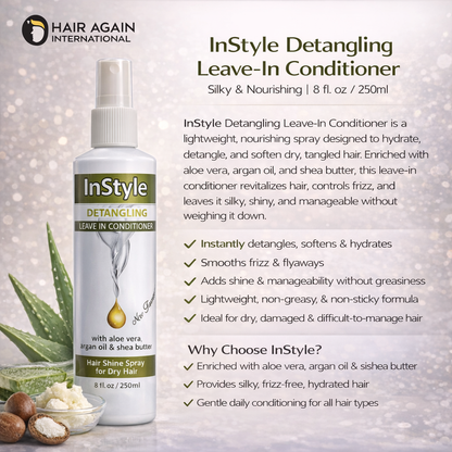 InStyle Detangling Leave-In Conditioner bottle with product details on a light background