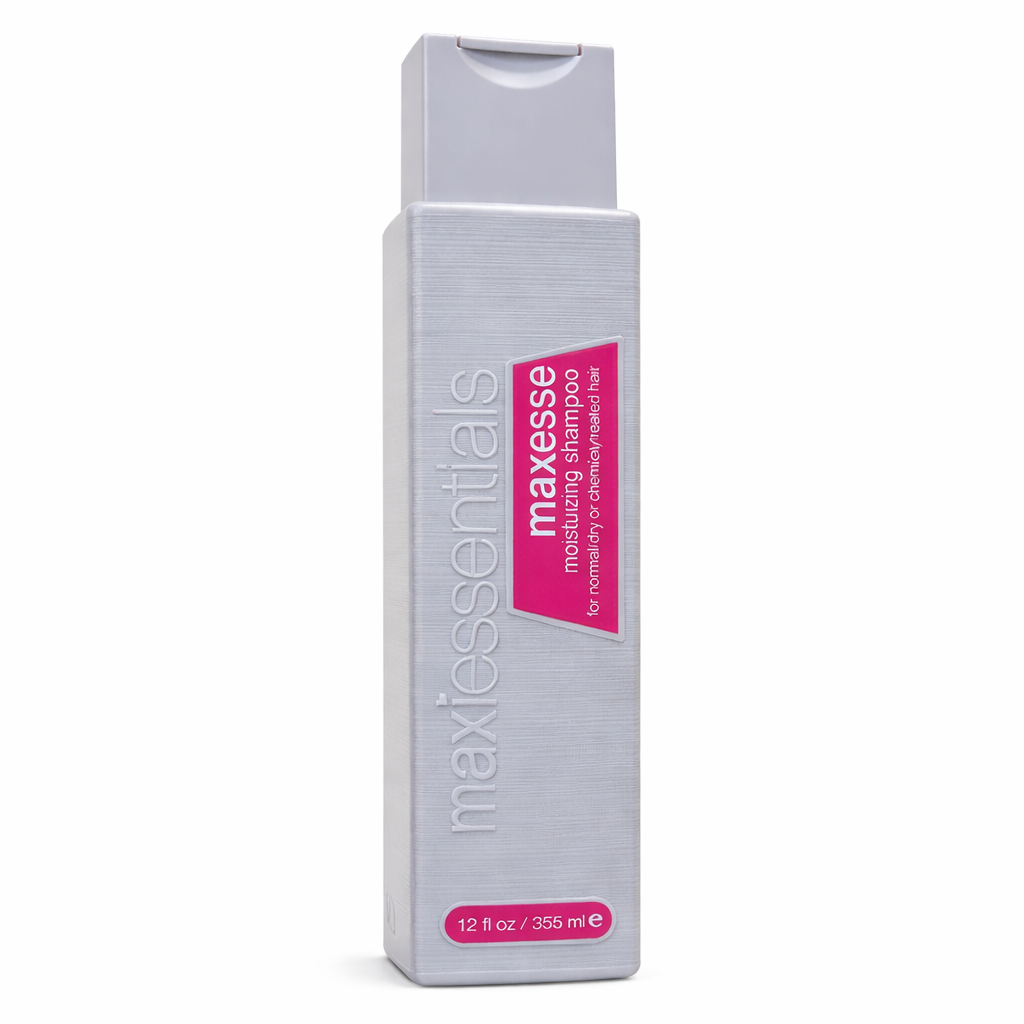 Maxessentials shampoo bottle on a white background