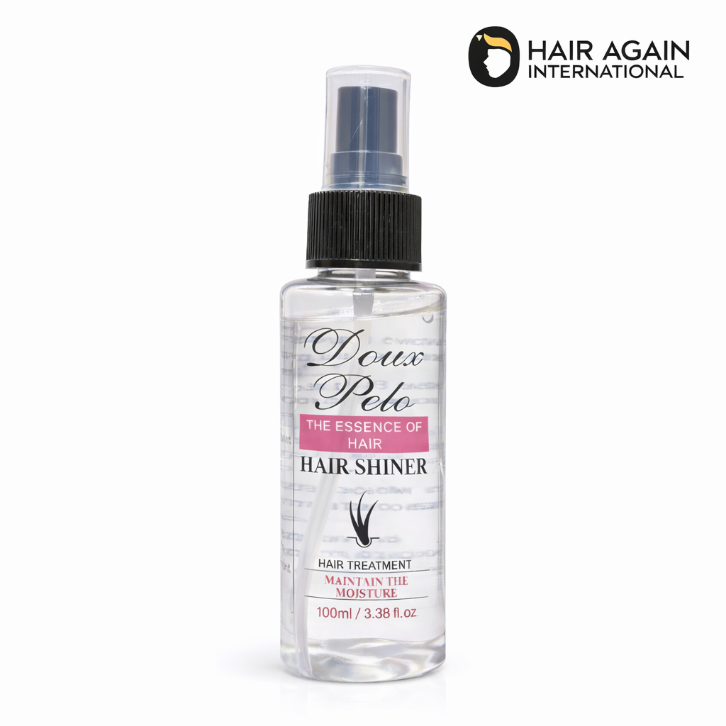 Hair shiner bottle with 'Doux Peo' branding on a white background