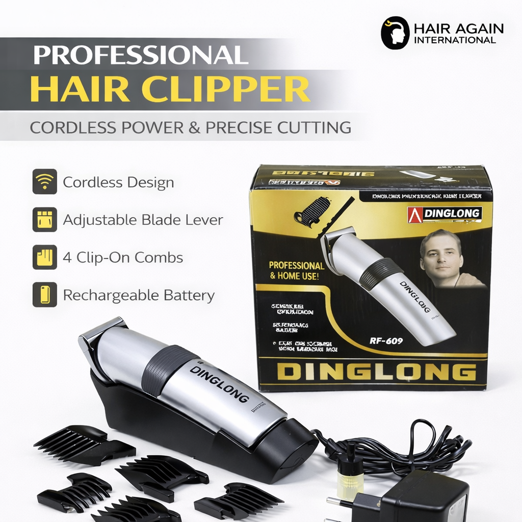 Dinglong hair clipper with packaging and accessories on a white background