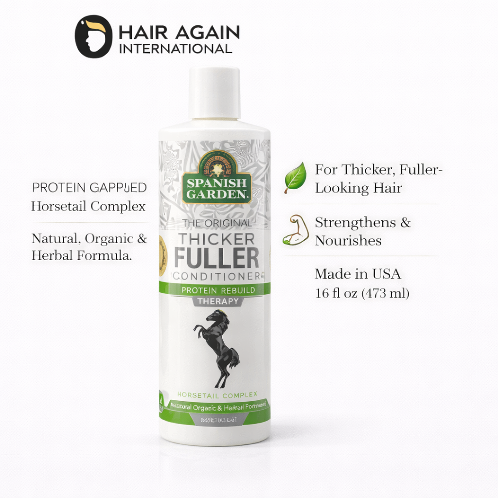 Spanish Garden Thicker Fuller conditioner bottle on a white background with product details.