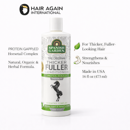 Spanish Garden Thicker Fuller conditioner bottle on a white background with product details.