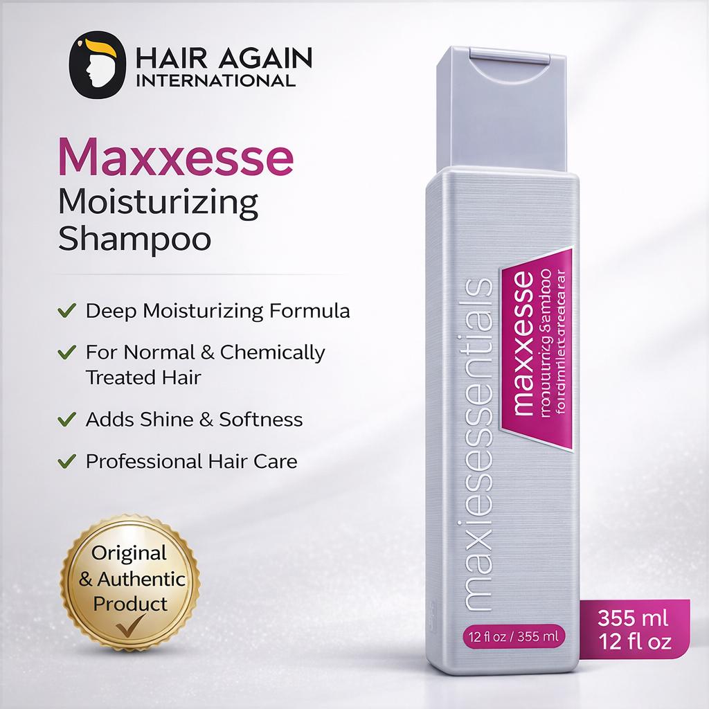 Maxxesesse Moisturizing Shampoo bottle with product details on a white background