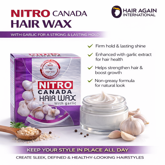 Nitro Canada Hair Wax packaging with garlic bulbs on a white background