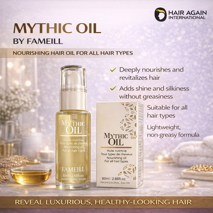 Fameill Mythic Oil hair care product with packaging on a decorative background