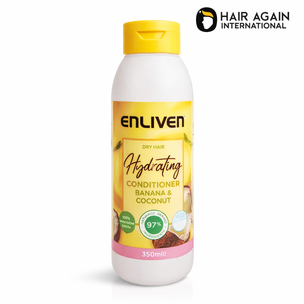 Enliven Hydrating Conditioner bottle with banana and coconut ingredients on a white background