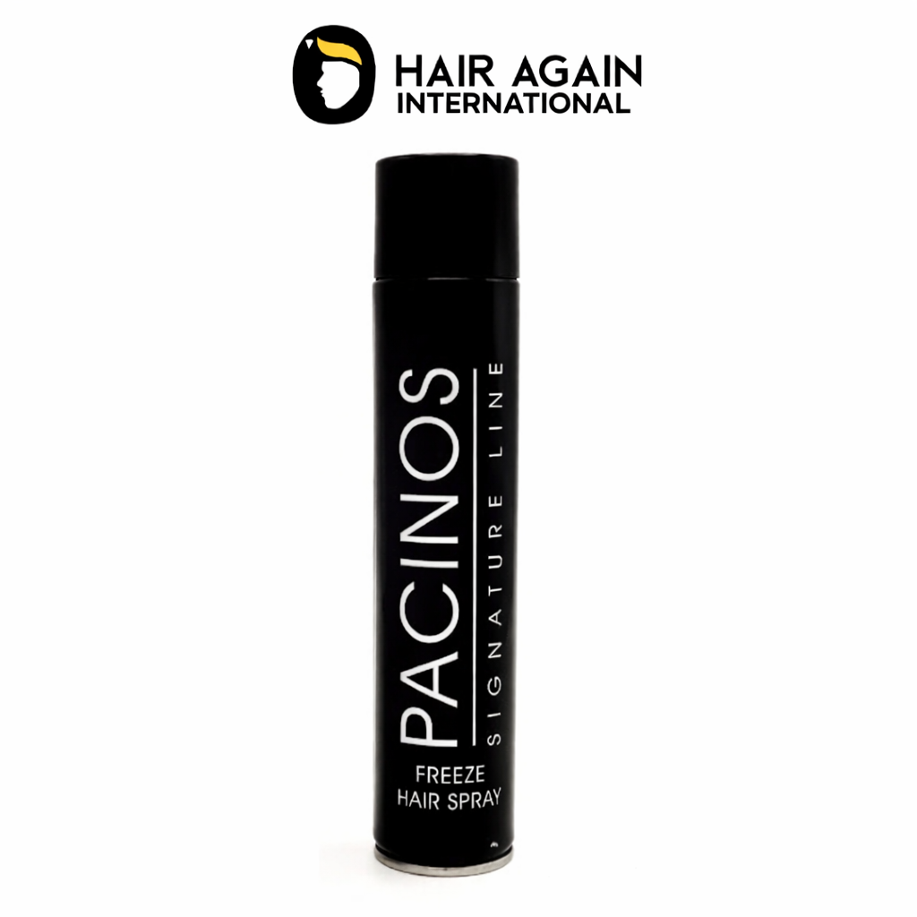 Pacinos Freeze Hair Spray can on a white background with 'Hair Again International' logo.