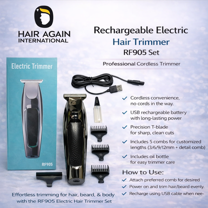 Rechargeable electric hair trimmer set with packaging and accessories on a light blue background