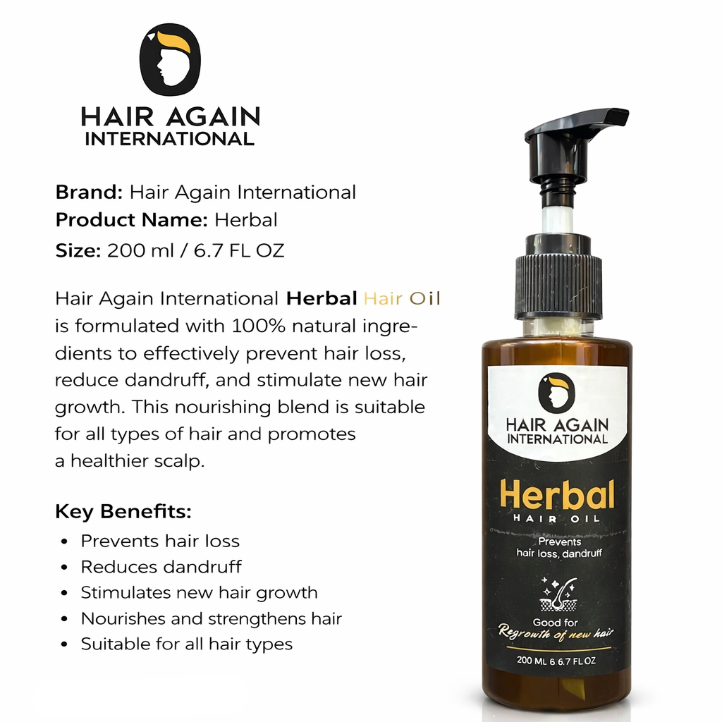 Hair Again International Herbal Hair Oil bottle with product details on a white background