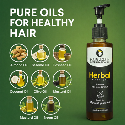 Hair oil bottle with ingredients on a green background