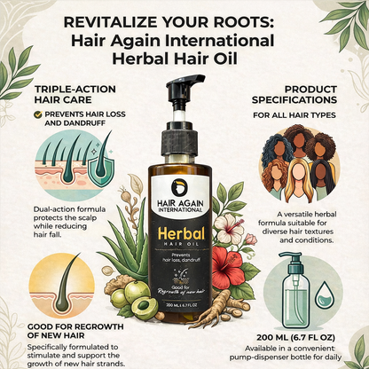Hair Again International Herbal Hair Oil packaging with product details and benefits on a decorative background.