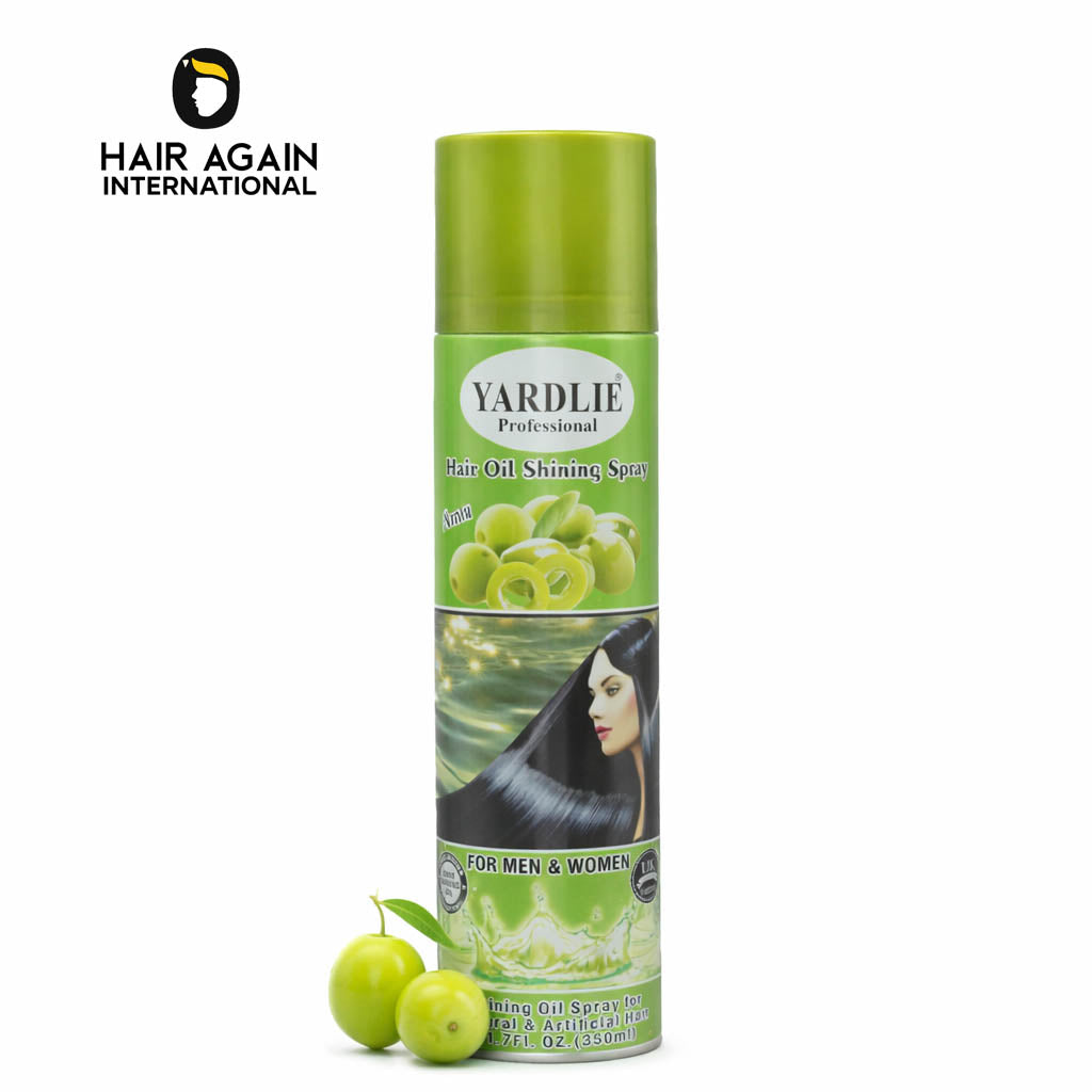Yardlie hair oil shining spray can with green label and apple graphics on a white background.