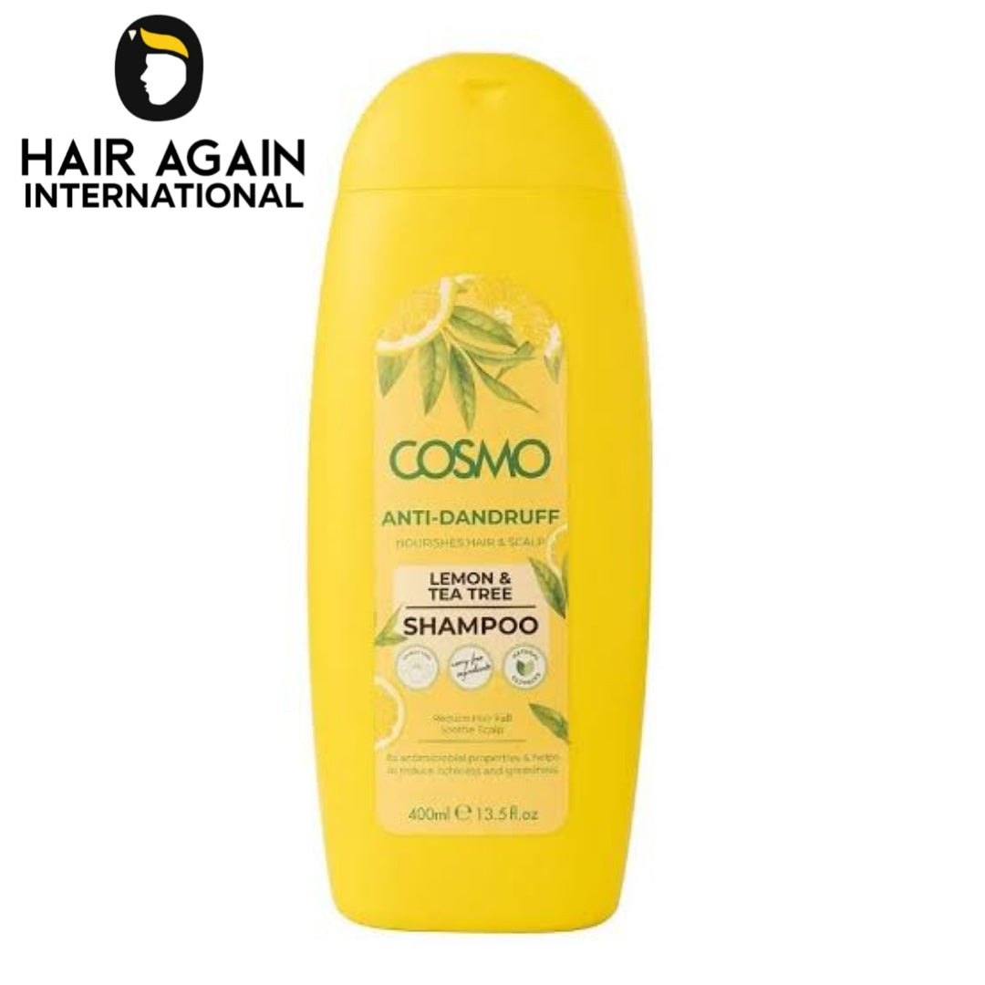 Cosmo Anti-Dandruff Shampoo bottle with Lemon and Tea Tree ingredients on a white background