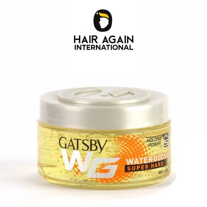 Jar of Gatsby WG hair product with 'Hair Again International' logo above