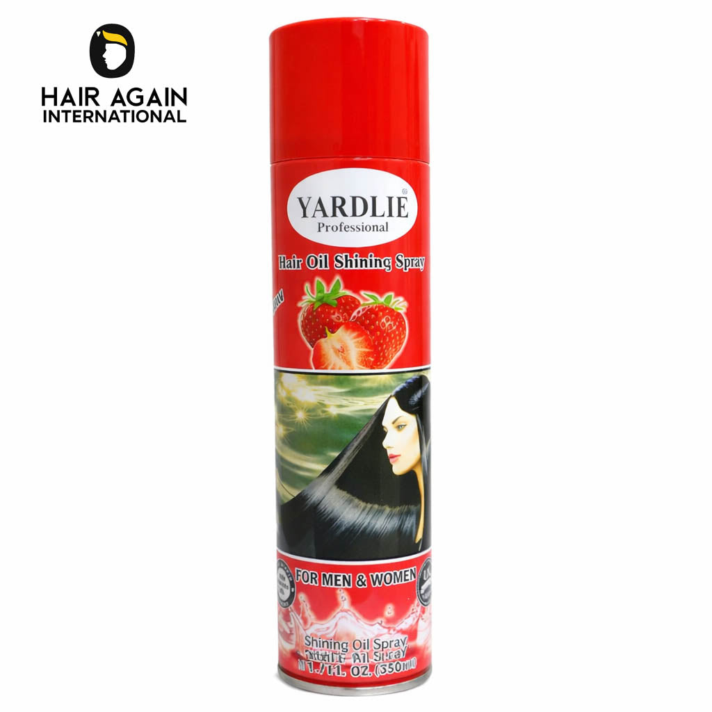 Yardlie hair oil shining spray can on a white background with 'Hair Again International' branding.